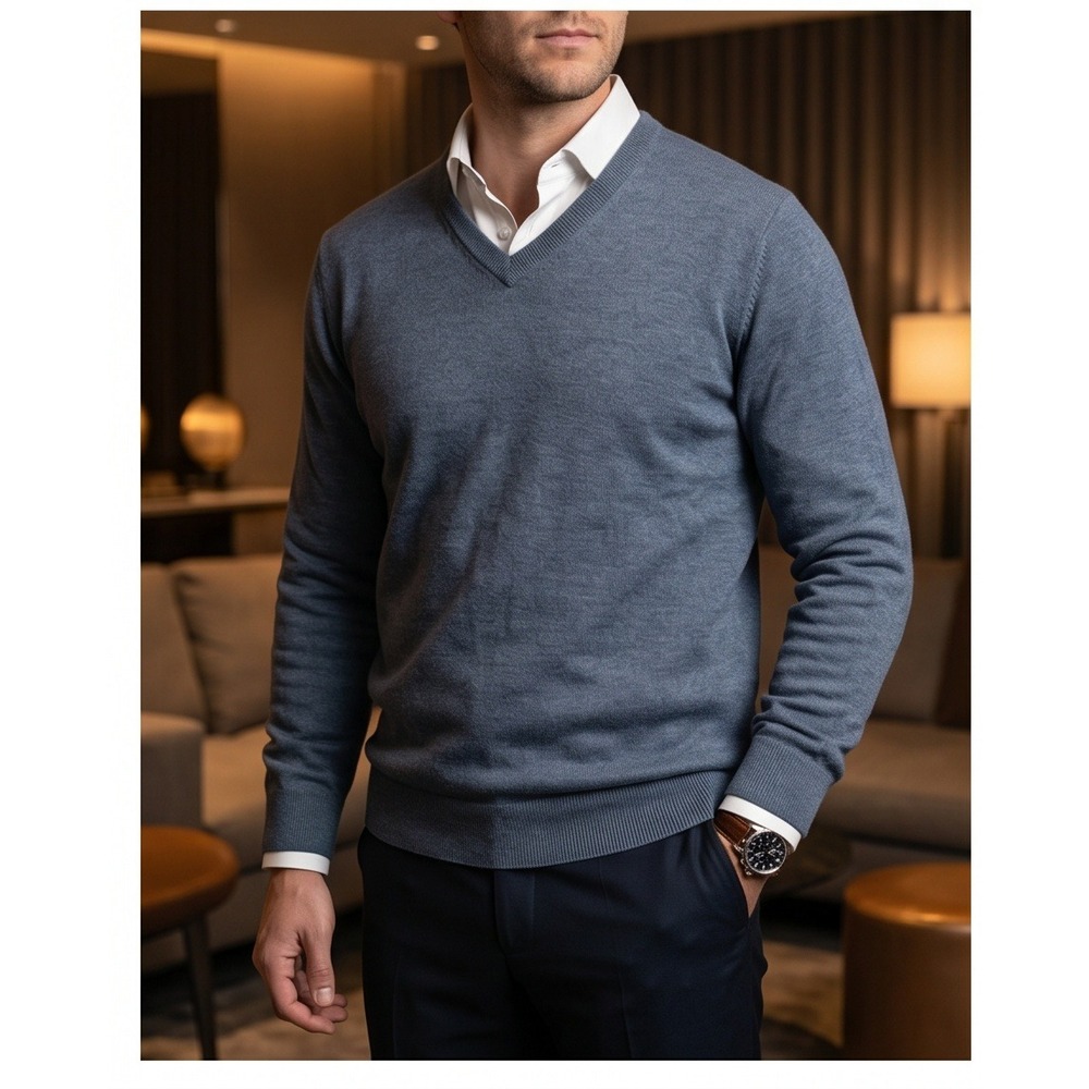 Marlboro Classics Mens XXL V-Neck Pullover Sweater Blue Gray 2X Cotton‎ Blend